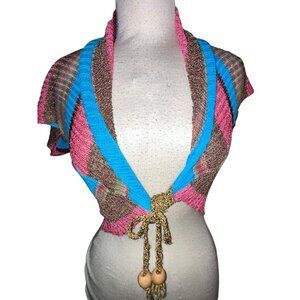Colorful SUSS Bolero Knit Shrug Top Sweater Beaded Tie Front One Size Fun Sexy